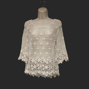 Pink Melo Ivory Eyelet \ Crochet Vintage Style Top Sweater Size Small
